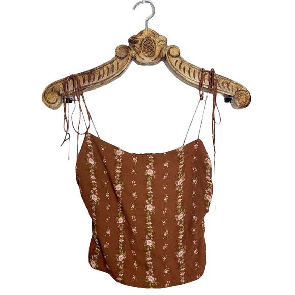 Reformation Top Crop Tank Square Neck Cami Tie Strap Brown Floral Ruched Side 0 - Picture 4 of 9